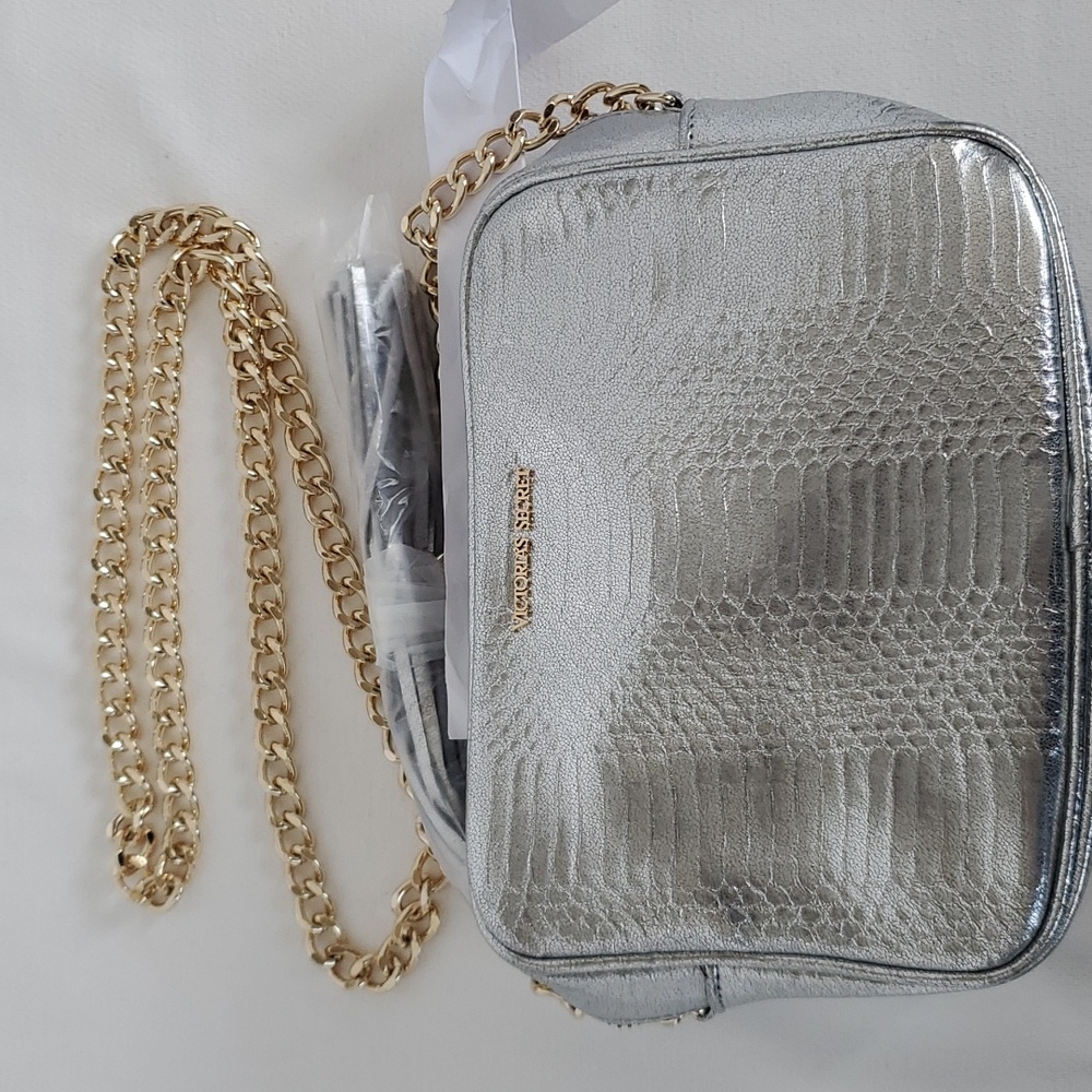 Victoria's Secret Silver Shoulder Bag w/ Gold accent Chain Strap & tassel
